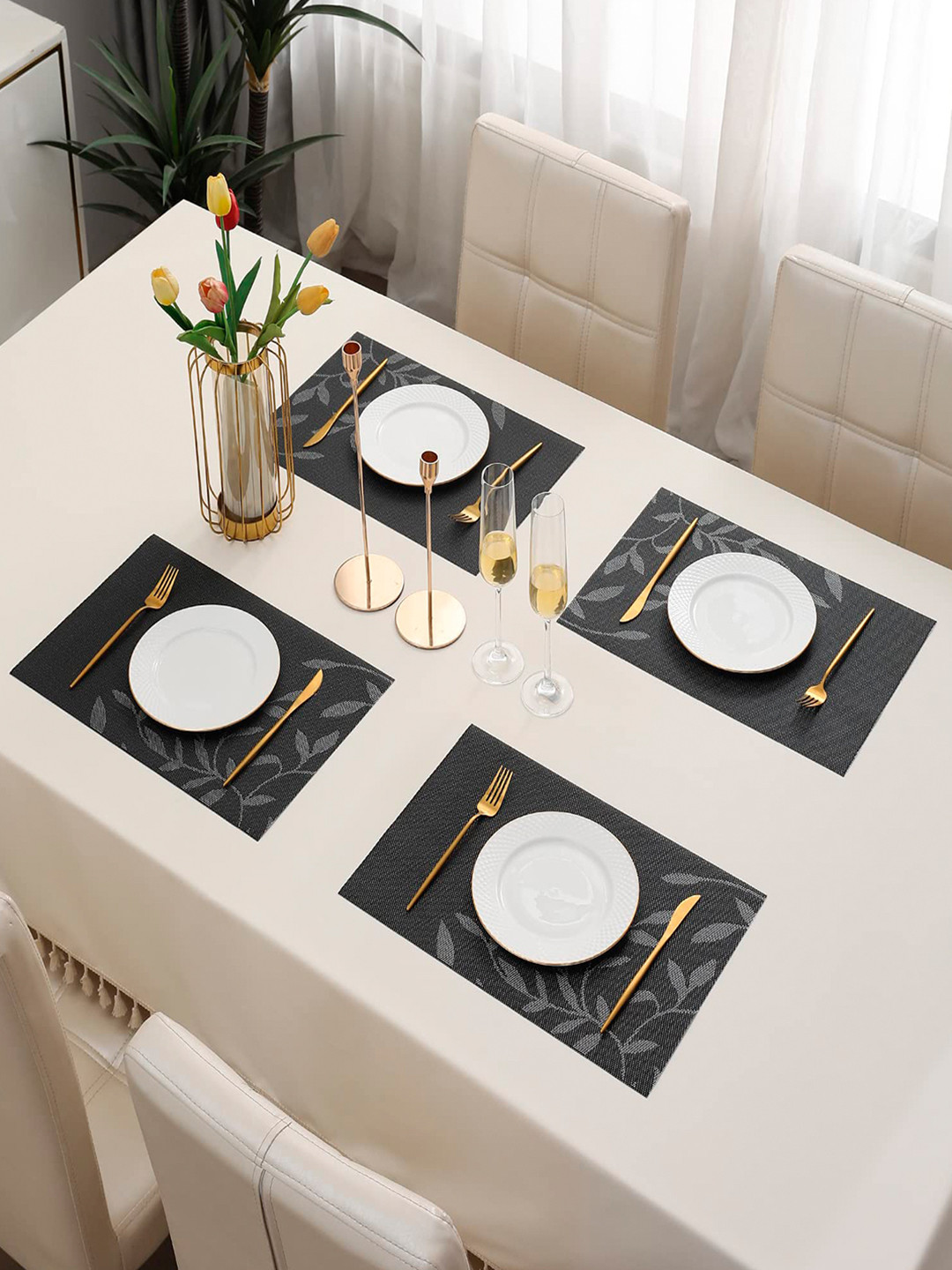 HOKIPO Set Of 4 Black Floral Heat Resistant Table Placemats