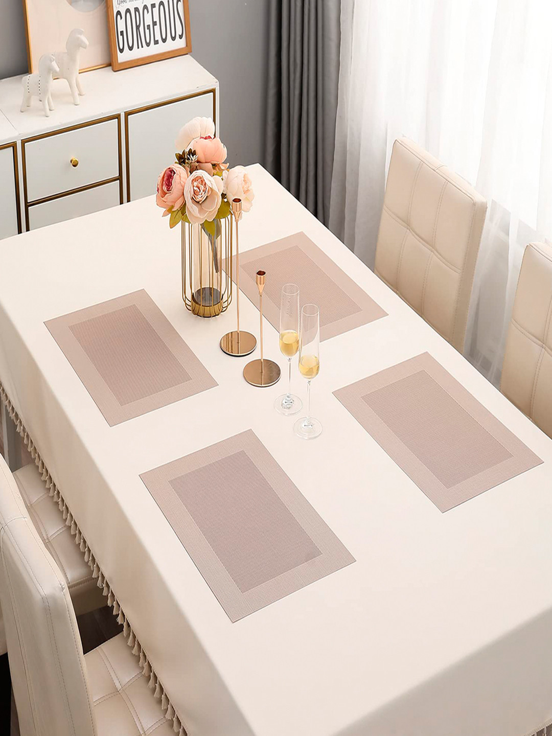 HOKIPO Set Of 4 Beige Textured & Colourblocked Heat Resistant Table Placemats