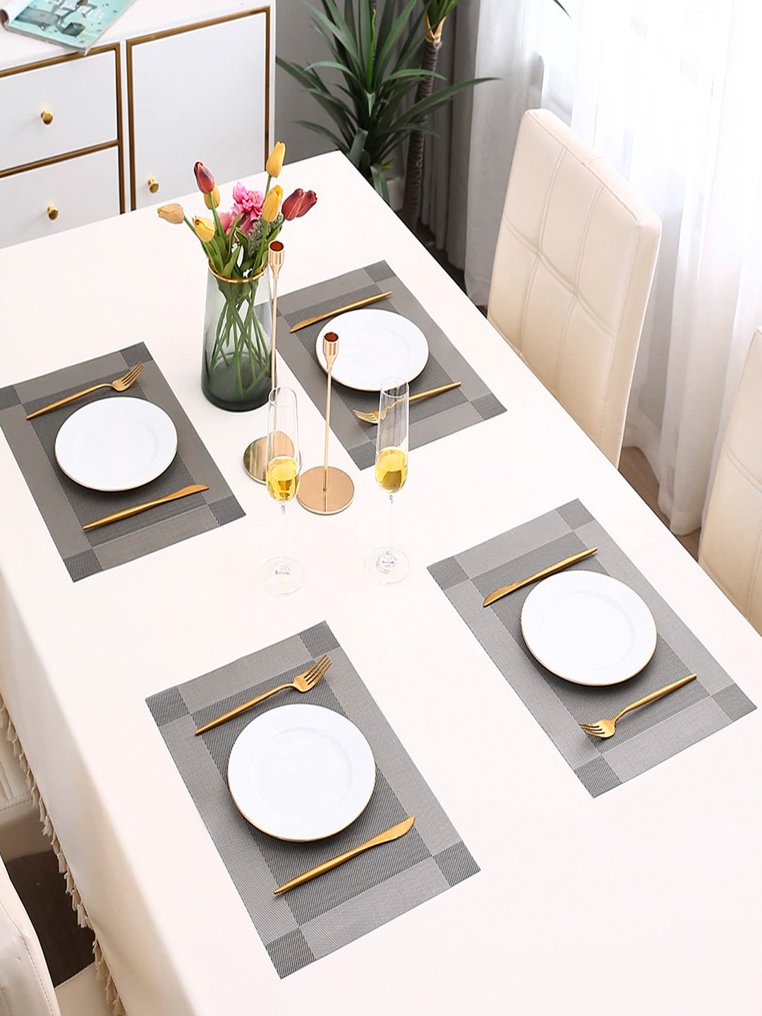 HOKIPO Set Of 4 Silver-Toned Solid Washable Table Placemats