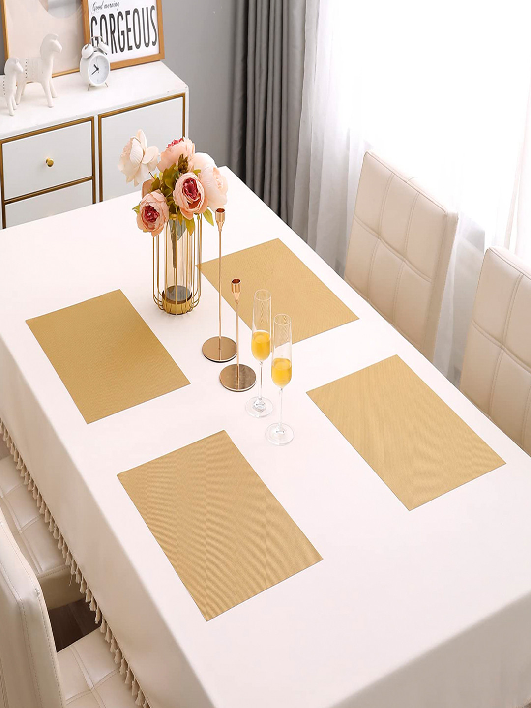 HOKIPO Set Of 4 Gold-Coloured Solid Reversible Table Placemats