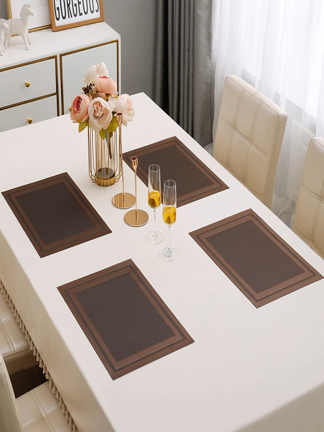 HOKIPO Set Of 4 Brown Textured & Colourblocked Washable Table Placemats