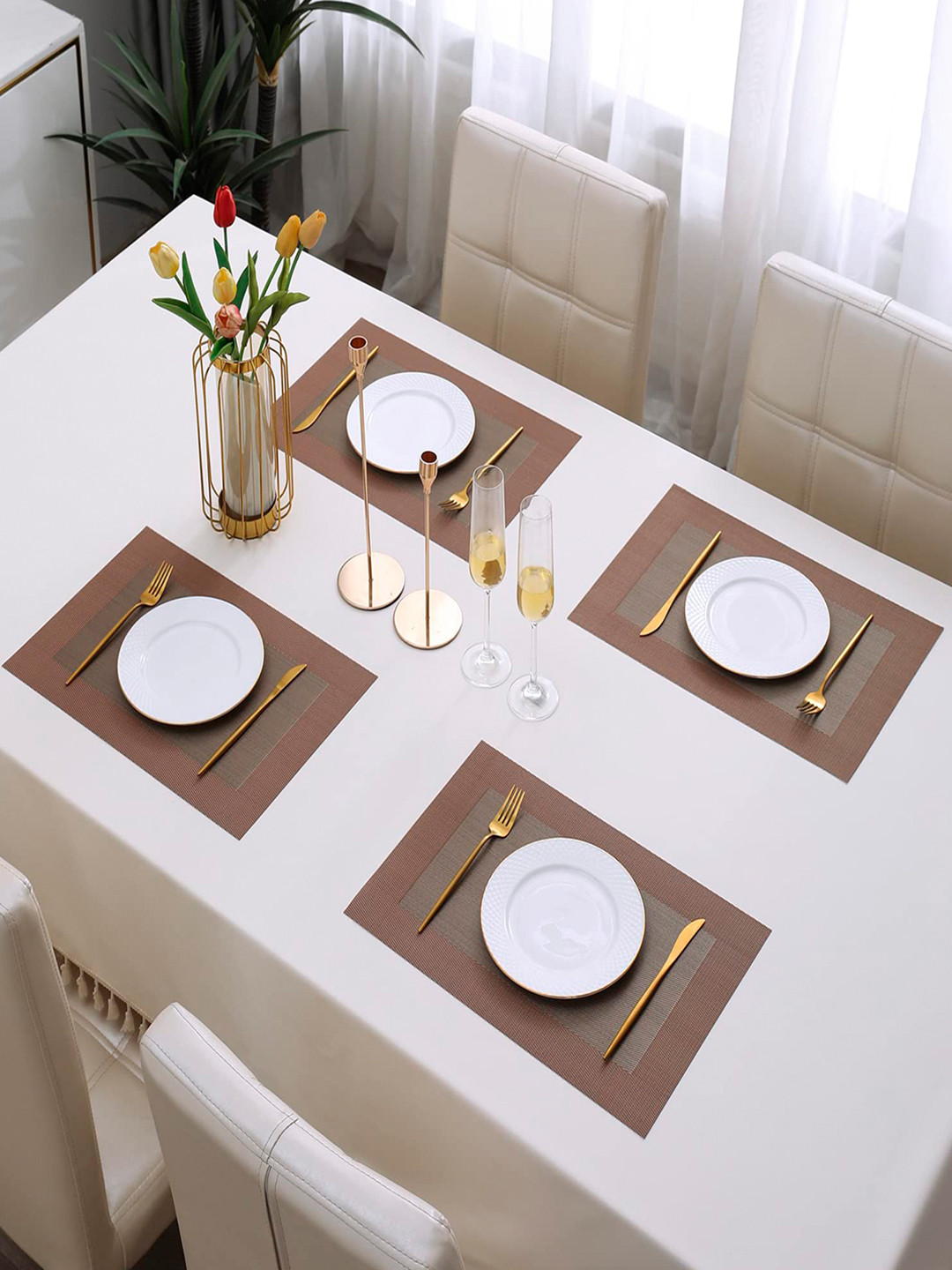 HOKIPO Set Of 4 Orange & Brown Textured & Colourblocked Washable Table Placemats