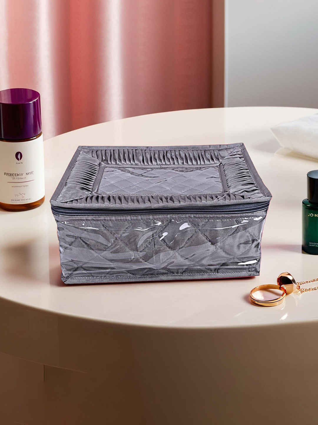 Kuber Industries Grey Solid Laminated Satin Locker Jewellery Kit With 12 Pouches