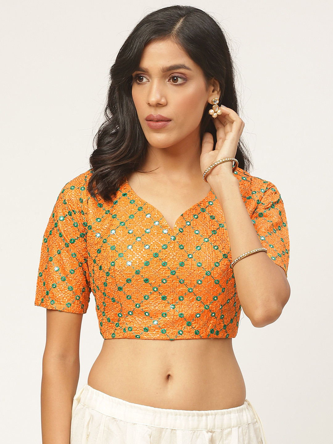 Shaily Women Orange & Green Embroidered Saree Blouse
