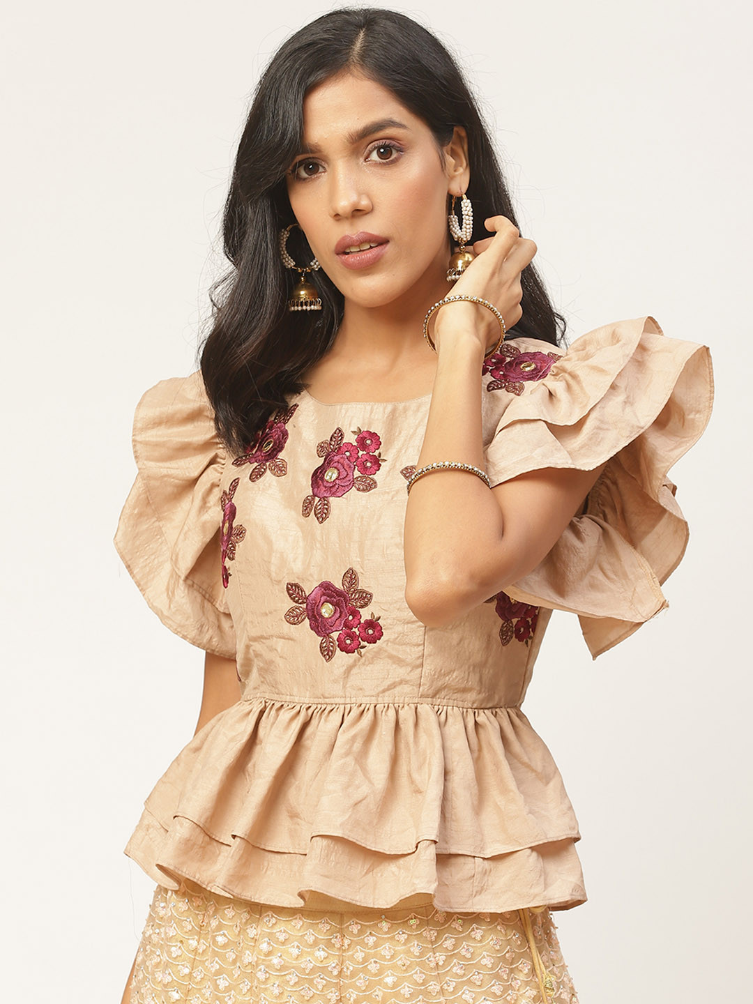 Shaily Women Beige & Magenta Embroidered Peplum Saree Blouse