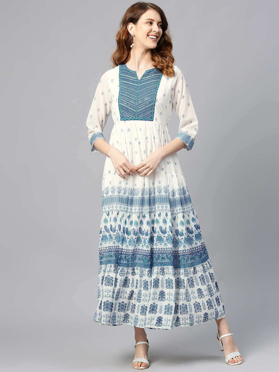 Juniper Women White & Blue Embroidered Detail Printed Tiered Maxi Dress