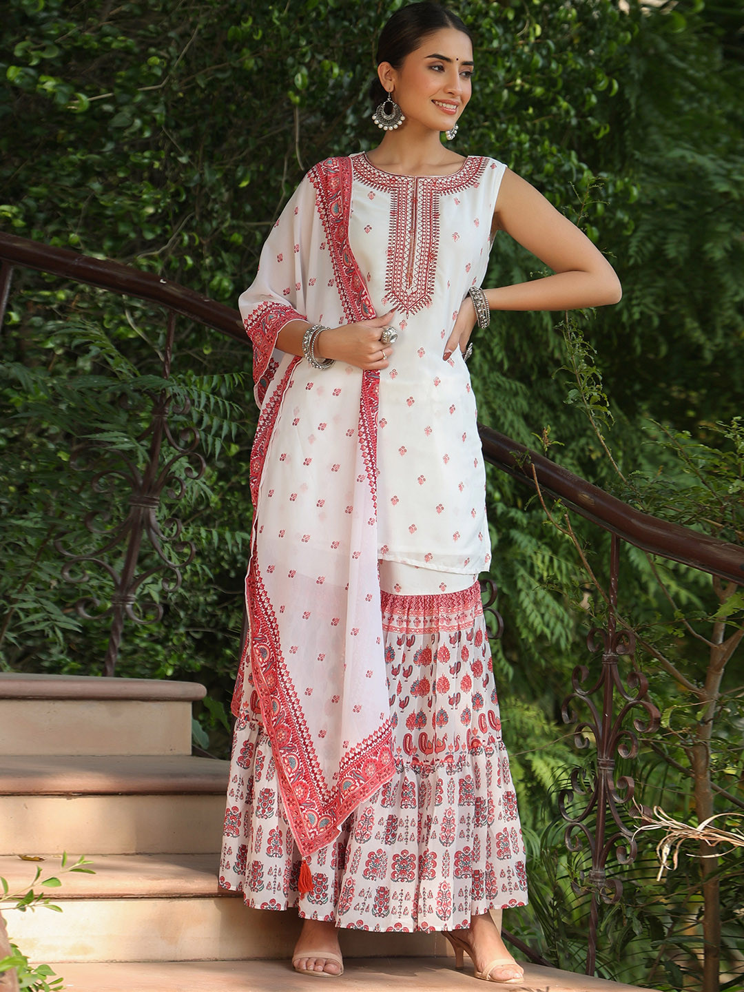 Juniper Women White & Maroon Foil Printed Kurta with Sharara & Dupatta