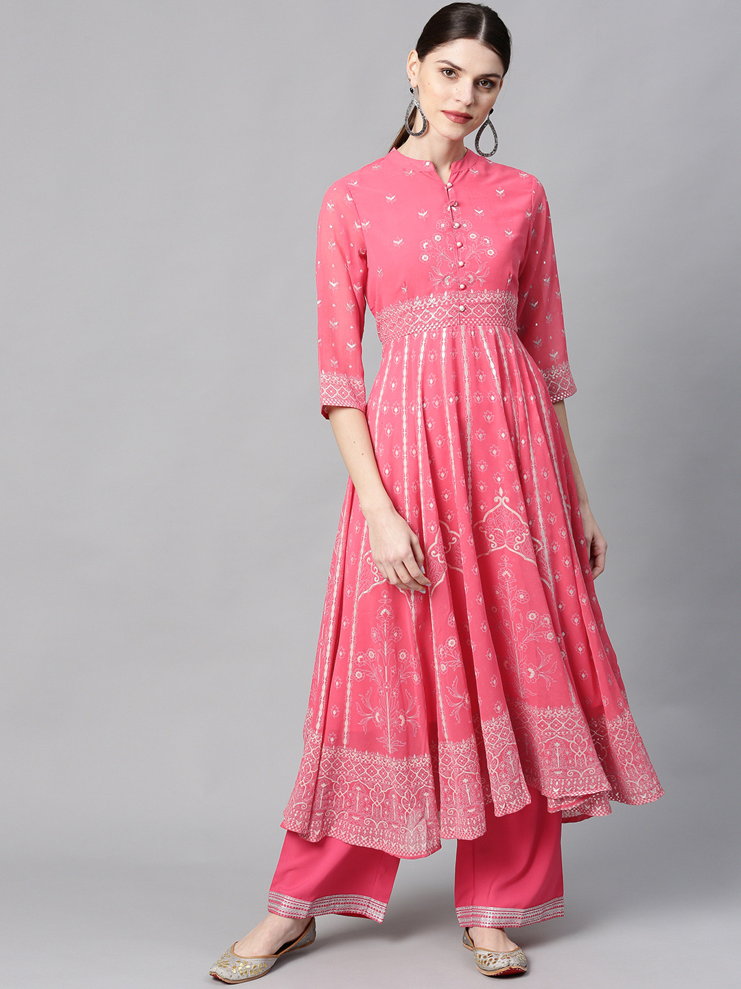 Juniper Women Coral Pink & Silver-Toned Printed Kurta with Palazzos