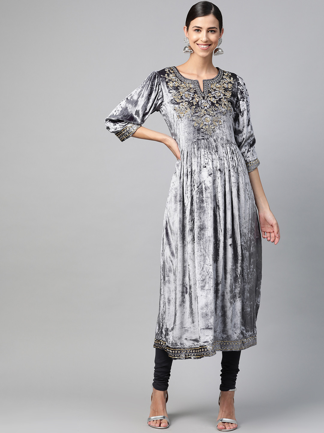 Biba Women Grey Velvet Finish Yoke Design Kurta with Churidar