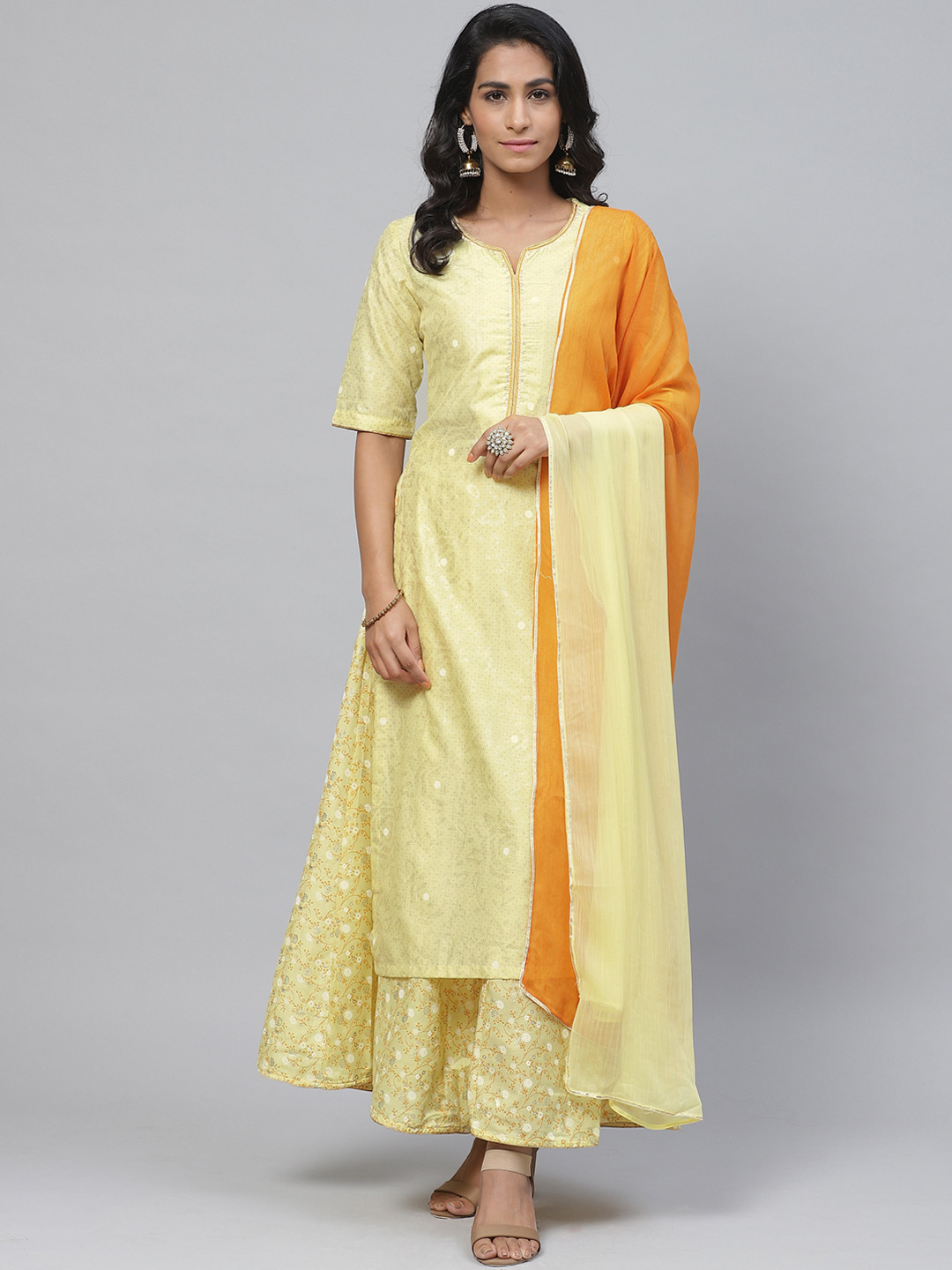 Biba Women Yellow & Orange Printed Kurta with Palazzos & Dupatta