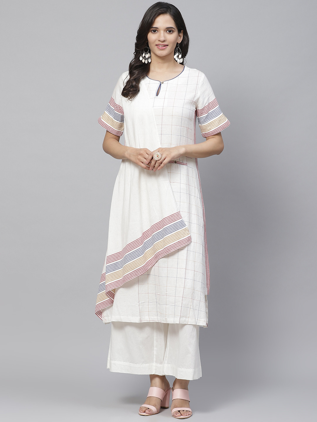 Biba Women Off-White & Blue Checked Layered Kurta with Palazzos