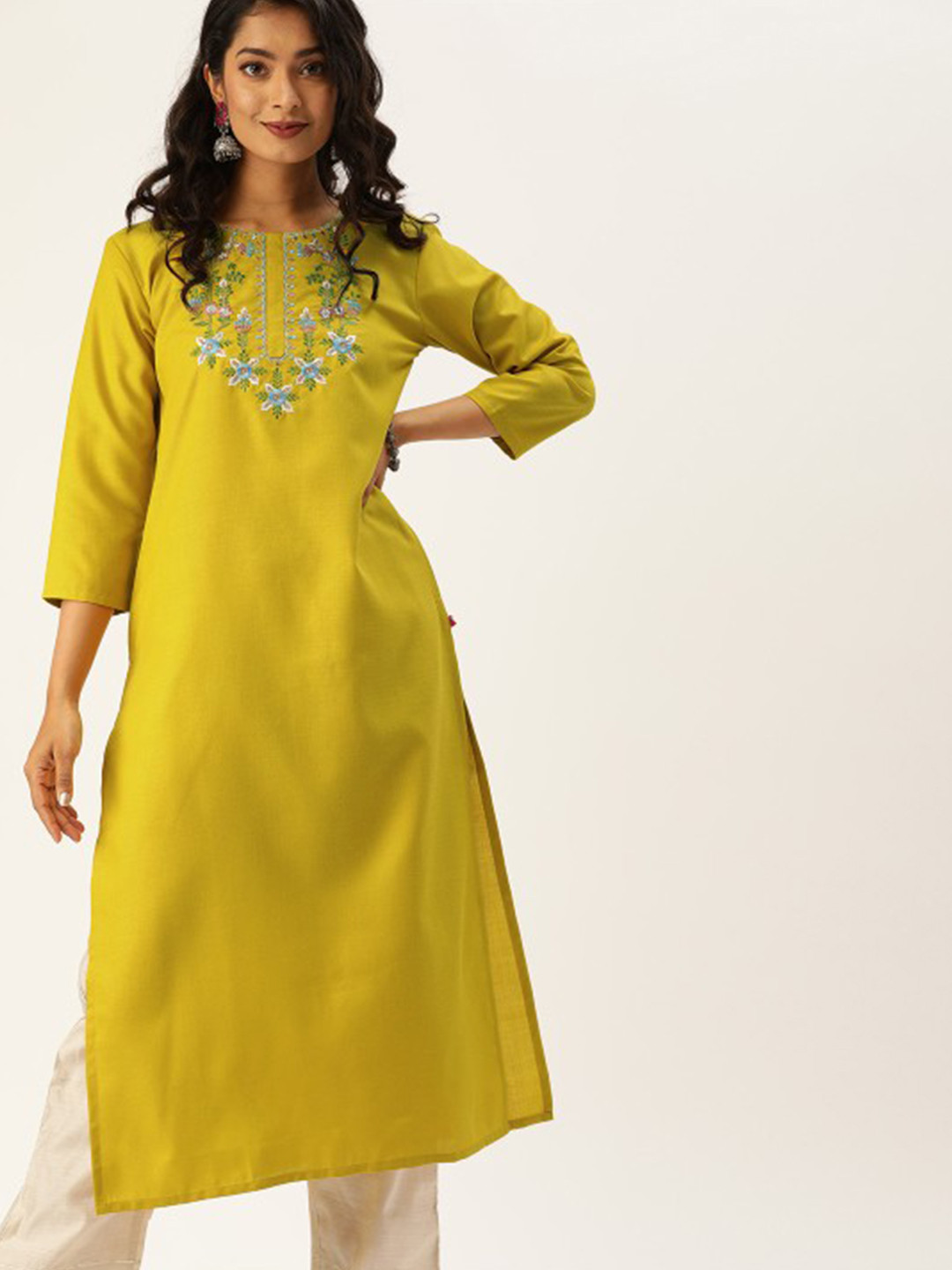 Varanga Mustard Green Floral Yoke Design Thread Work Round Neck Cotton Straight Kurta