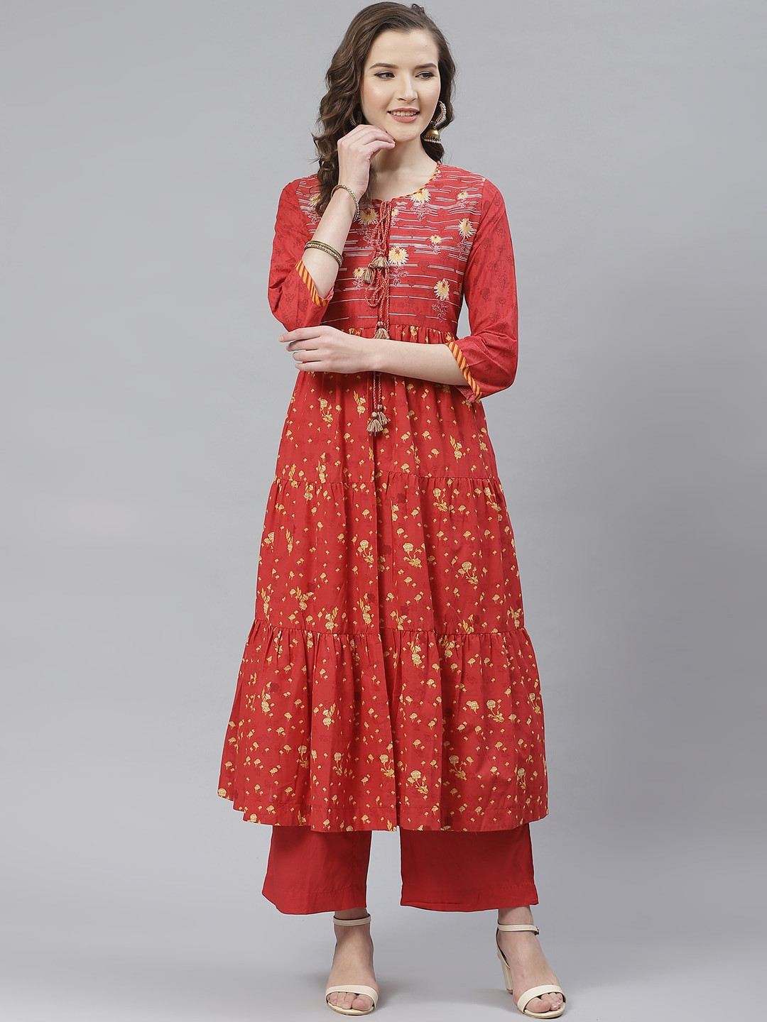 Biba Women Red & Yellow Printed A-Line Tiered Kurta