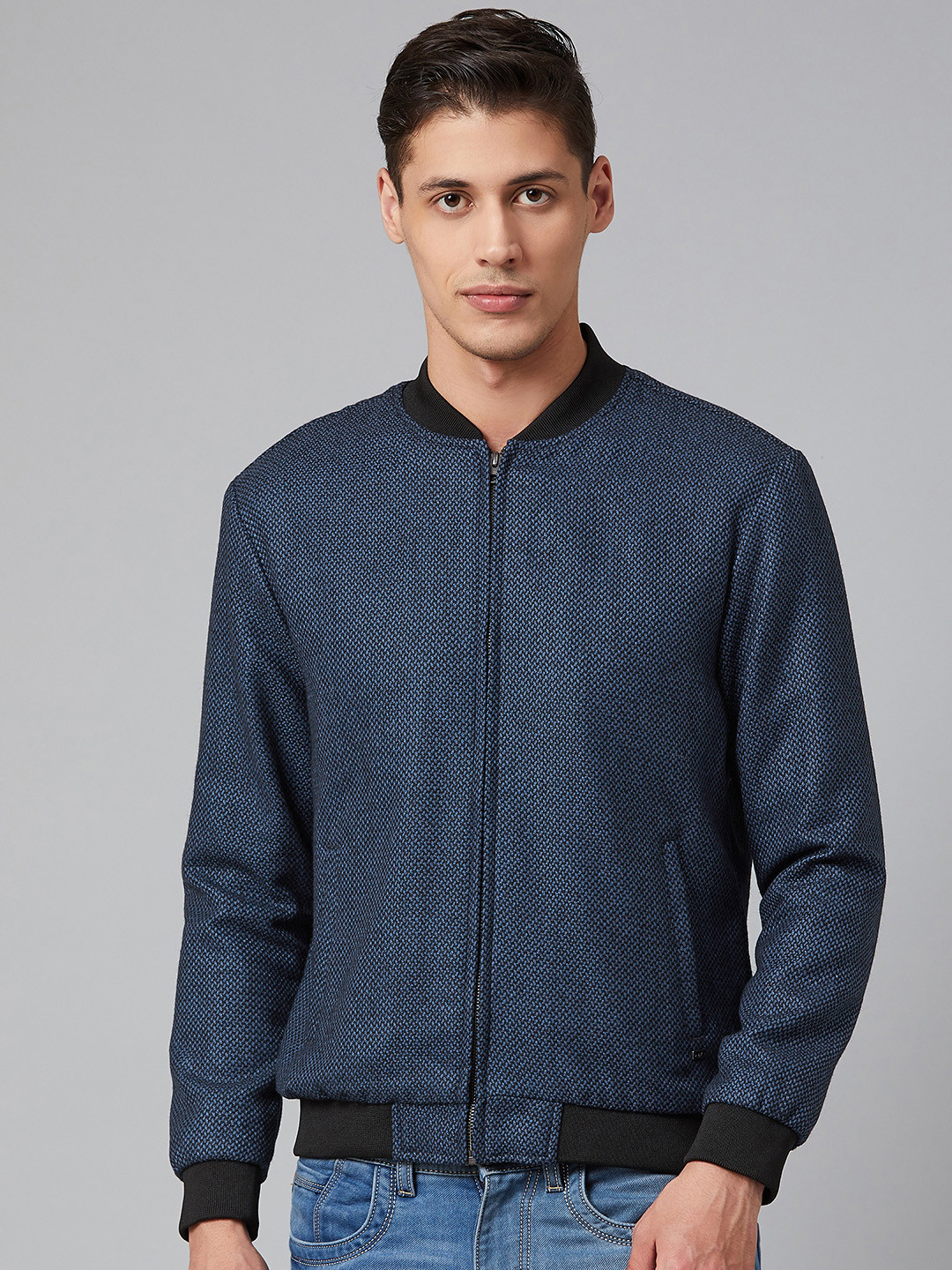 Blackberrys Men Blue & Black Self Design Bomber Jacket