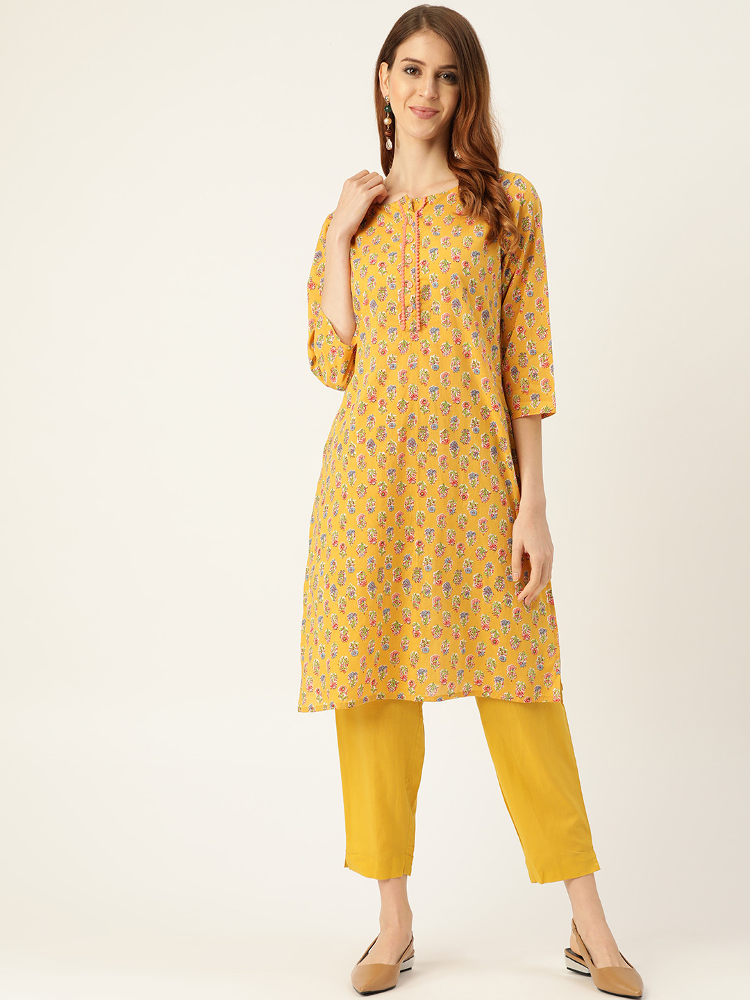 Sangria Women Mustard Yellow & Pink Printed Kurta with Trousers