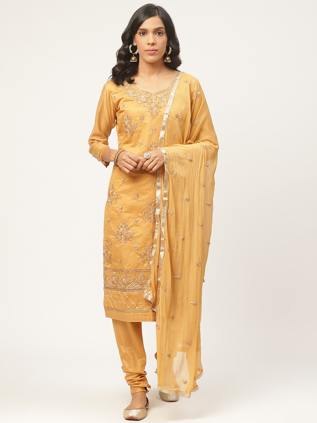 Shaily Beige & Golden Ethnic Floral Gotta Patti Unstitched Dress Material with Dupatta
