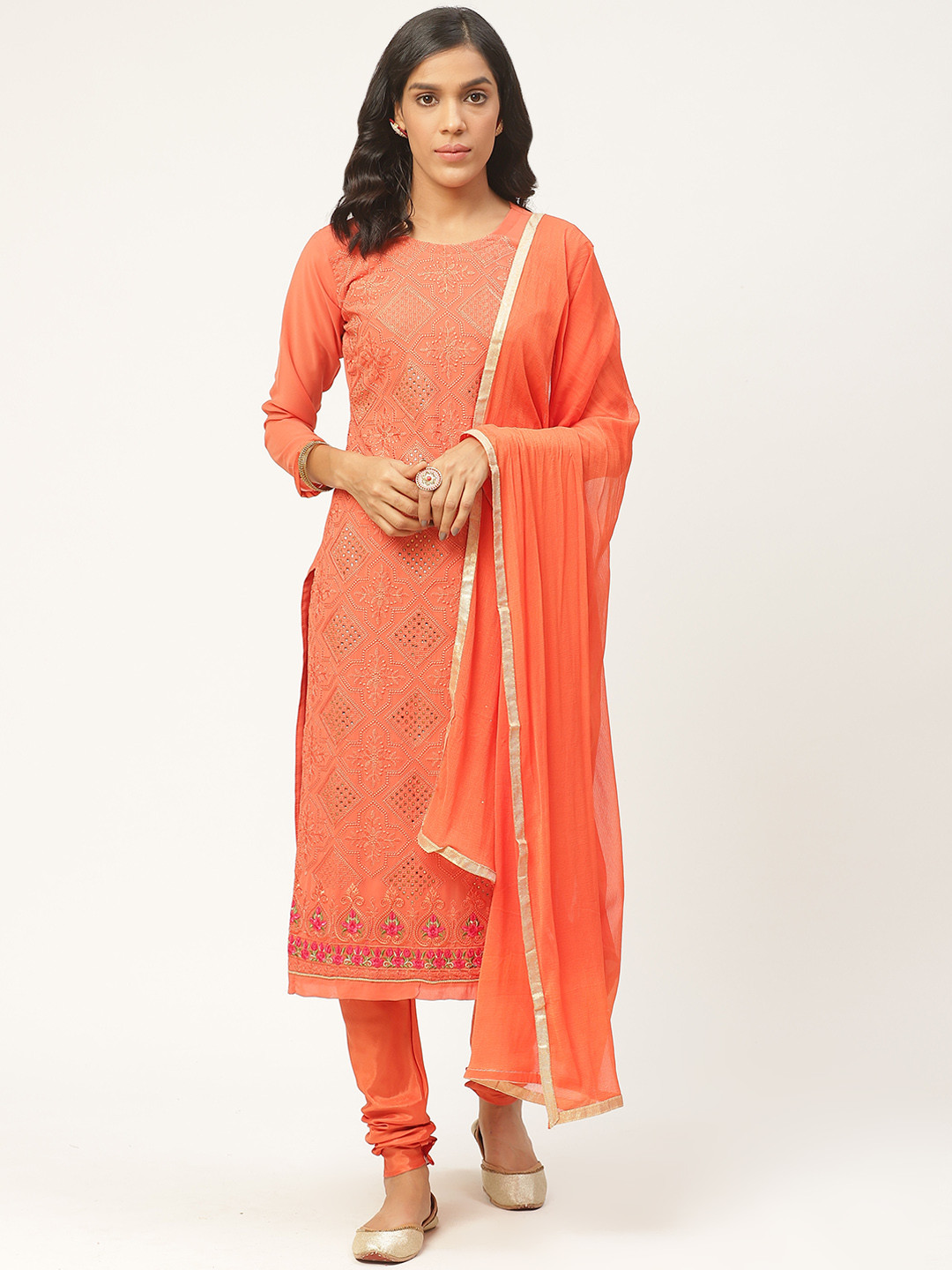 Shaily Orange & Golden Embroidered Unstitched Dress Material