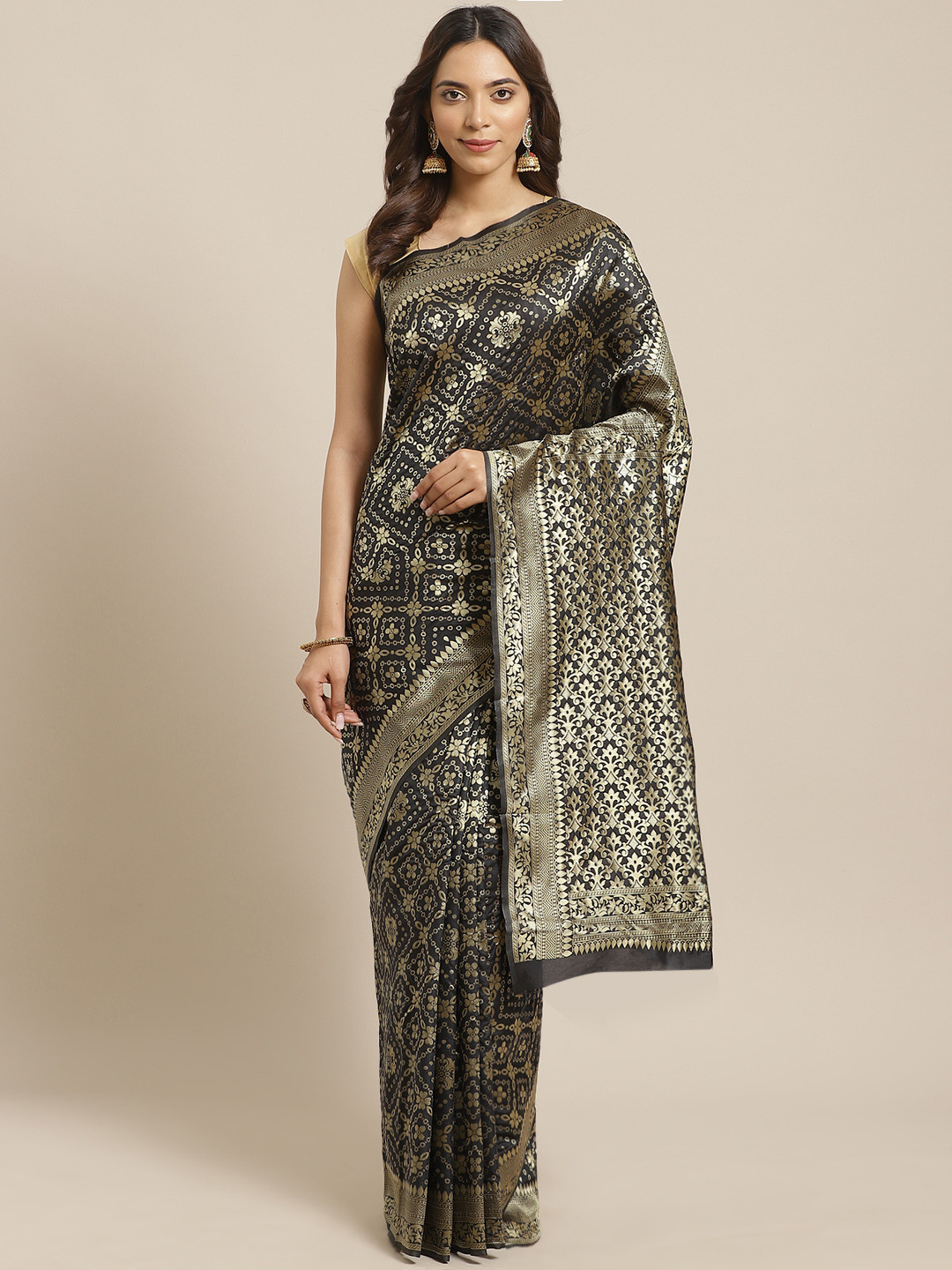 Mitera Black & Golden Silk Blend Woven Design Kanjeevaram Saree