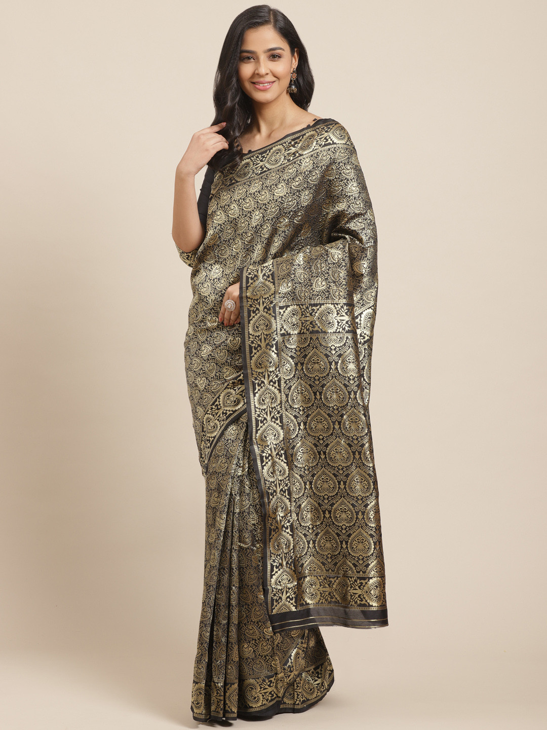 Mitera Black & Golden Woven Design Kanjeevaram Saree