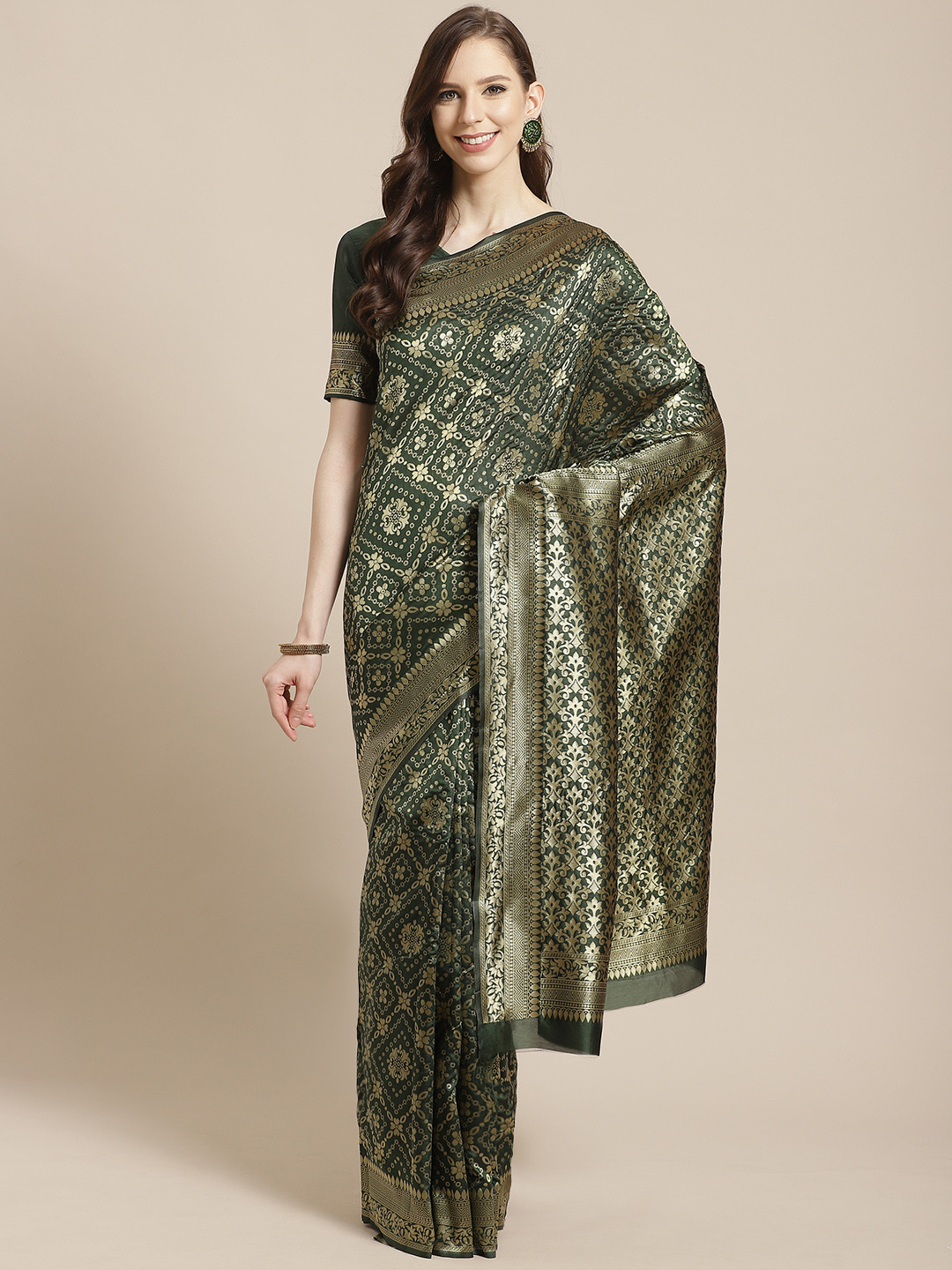 Mitera Olive Green & Golden Woven Design Kanjeevaram Saree