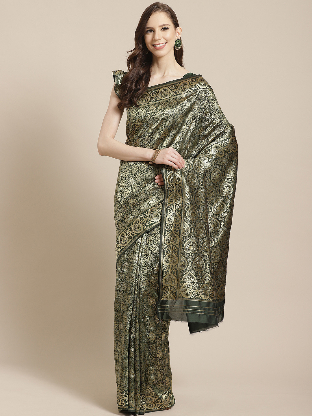 Mitera Olive Green & Golden Woven Design Kanjeevaram Saree