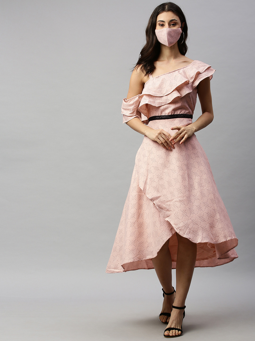 Ethnovog Women Peach-Coloured  Black Made to Measure Printed Wrap Dress