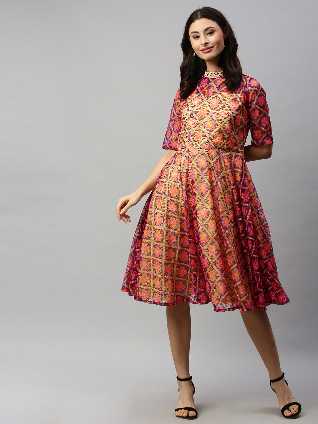 Ethnovog Women Multicoloured Made to Measure Printed Lace Fit and Flare Dress