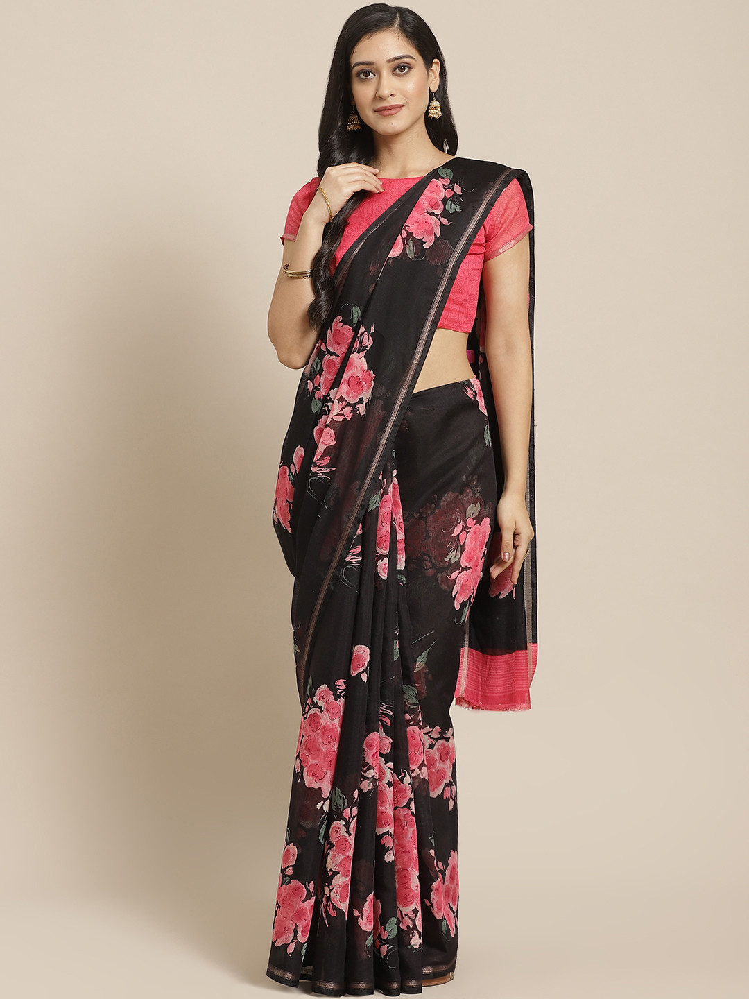 Saree mall Black & Pink Floral Print Saree