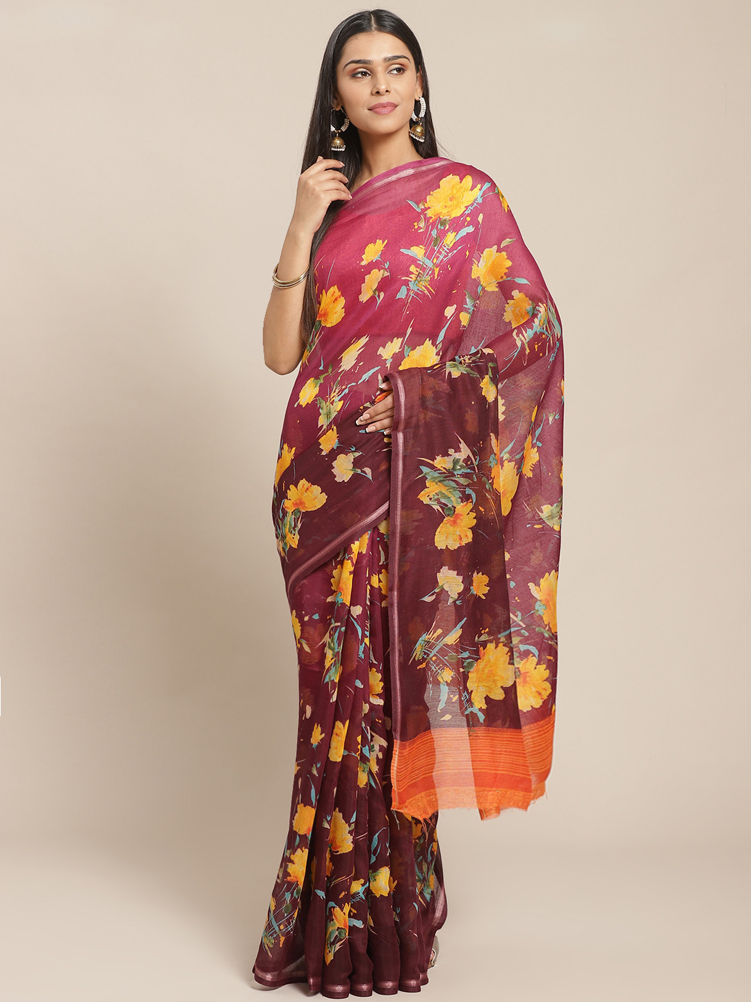 Saree mall Purple & Orange Floral Print Saree