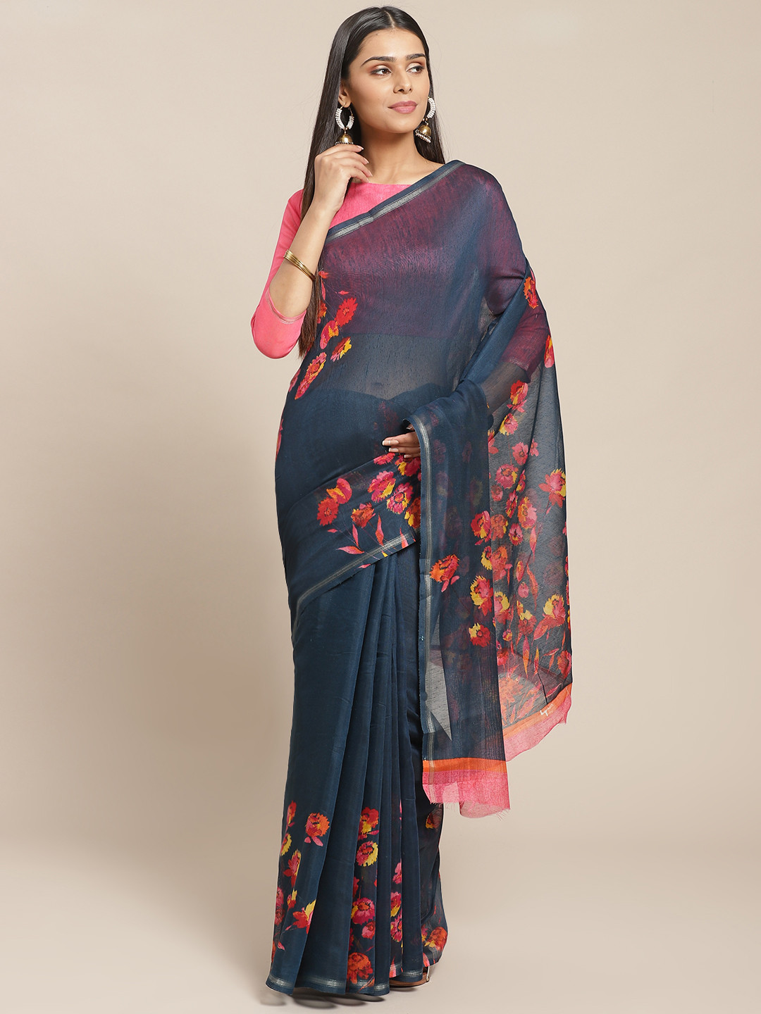 Saree mall Navy Blue & Pink Floral Print Saree