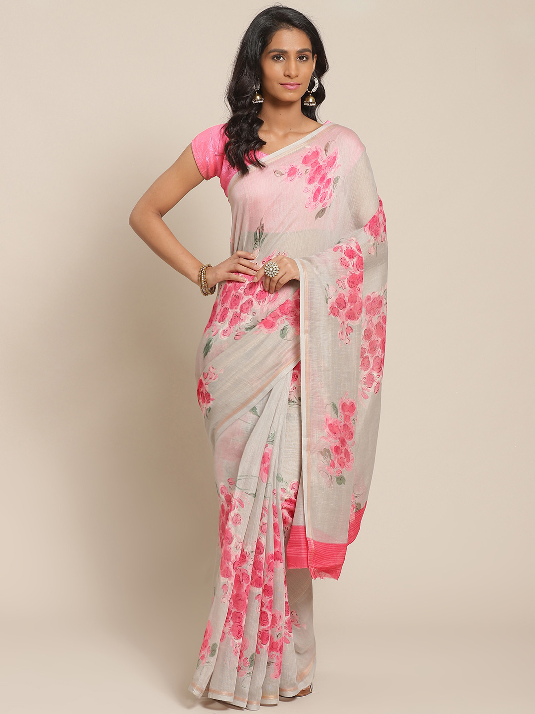 Saree mall Grey & Pink Floral Print Saree