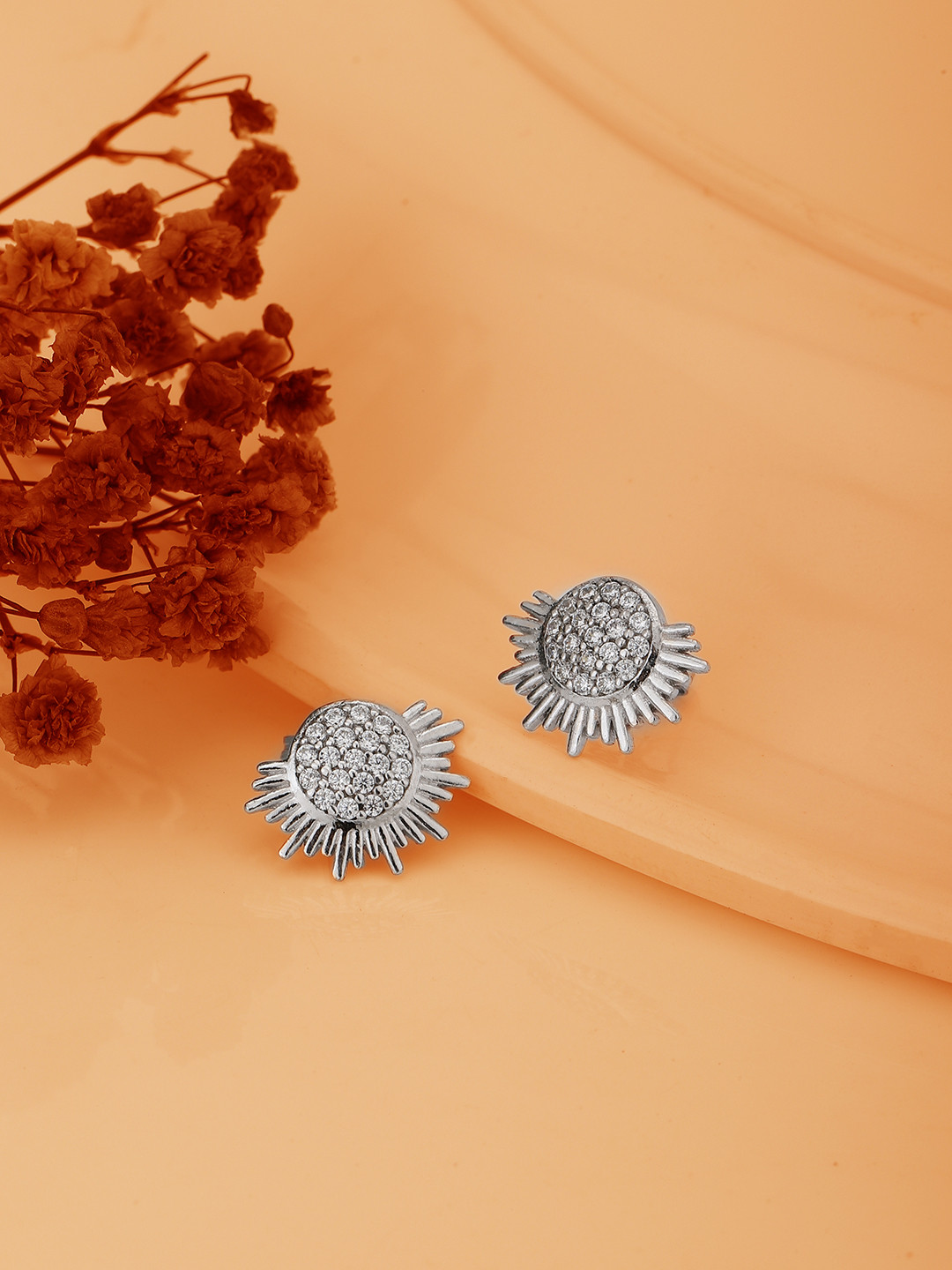 Carlton London Silver-Toned Rhodium-Plated CZ Studded Spiked Studs