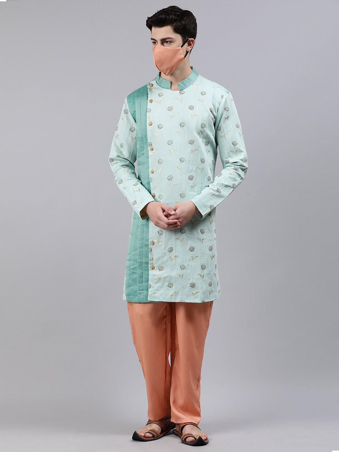 Ethnovog Men Blue  Peach Made To Measure Print Kurta with Pyjamas  Matching Mask