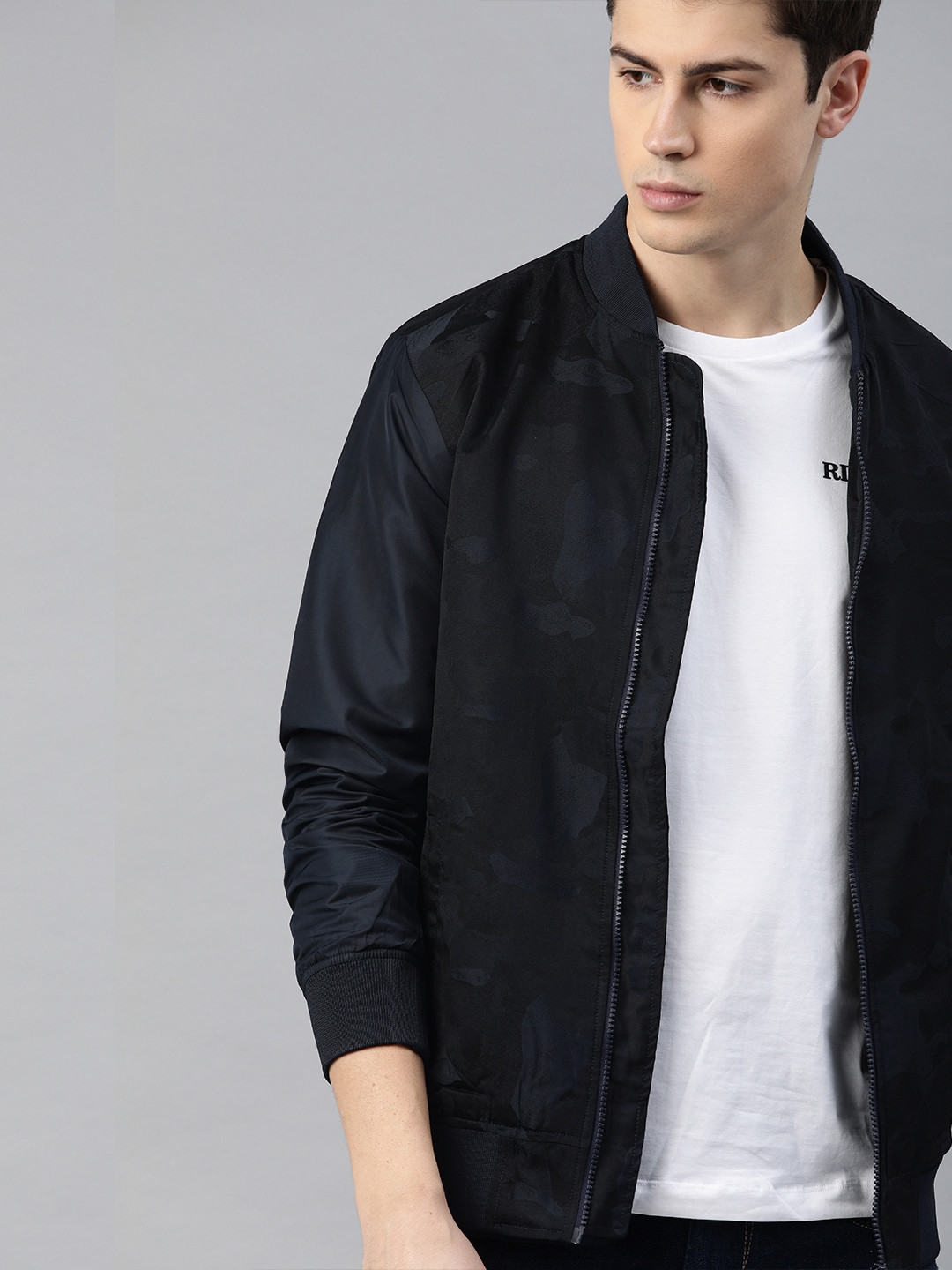 WROGN Men Navy Blue Camouflage Printed Bomber Jacket
