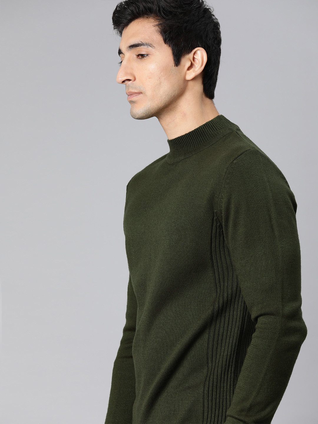 WROGN Men Olive Green Slim Fit Solid Pullover Sweater
