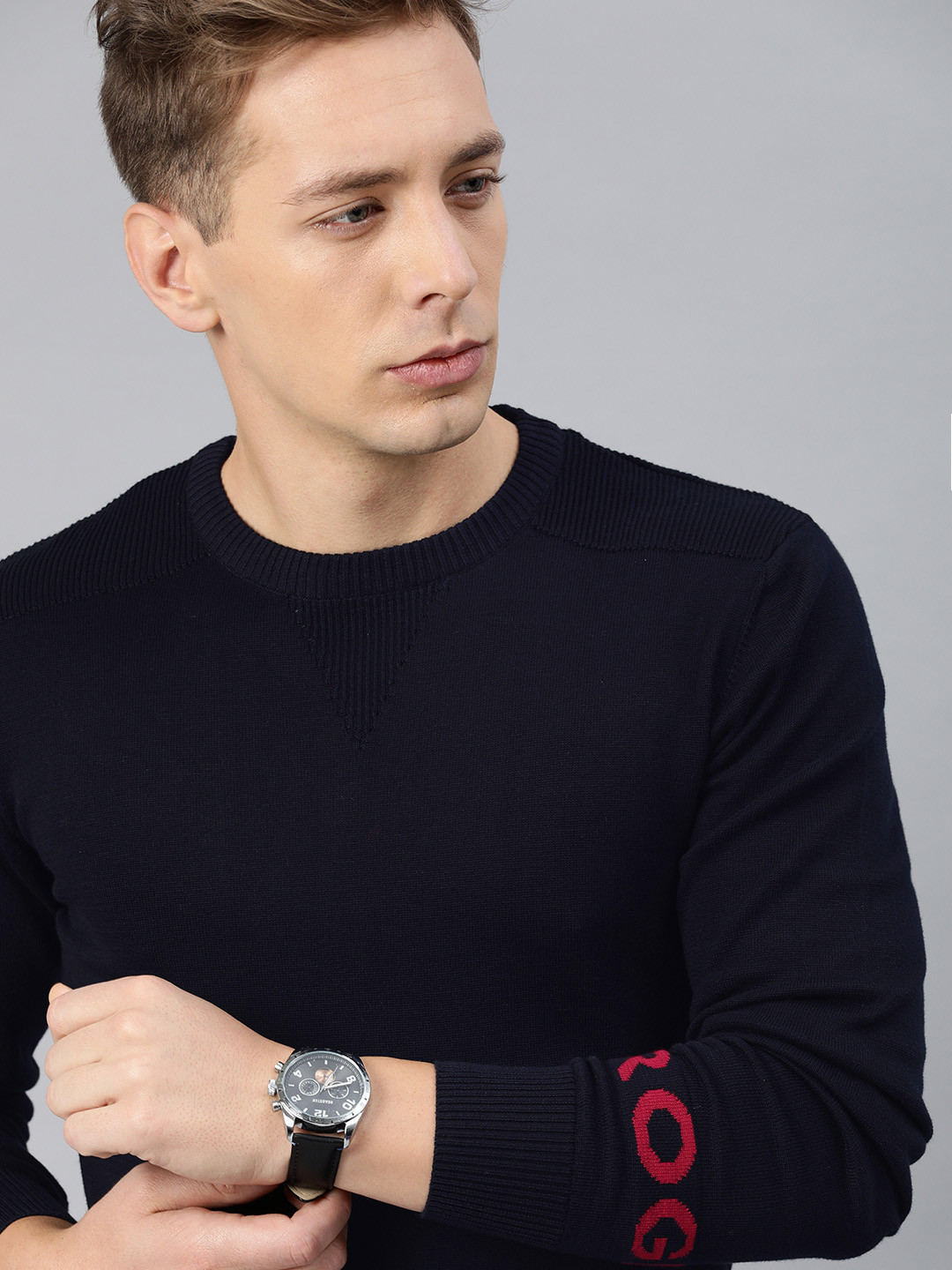 WROGN Men Navy Blue Slim Fit Solid Pullover Sweater with Print