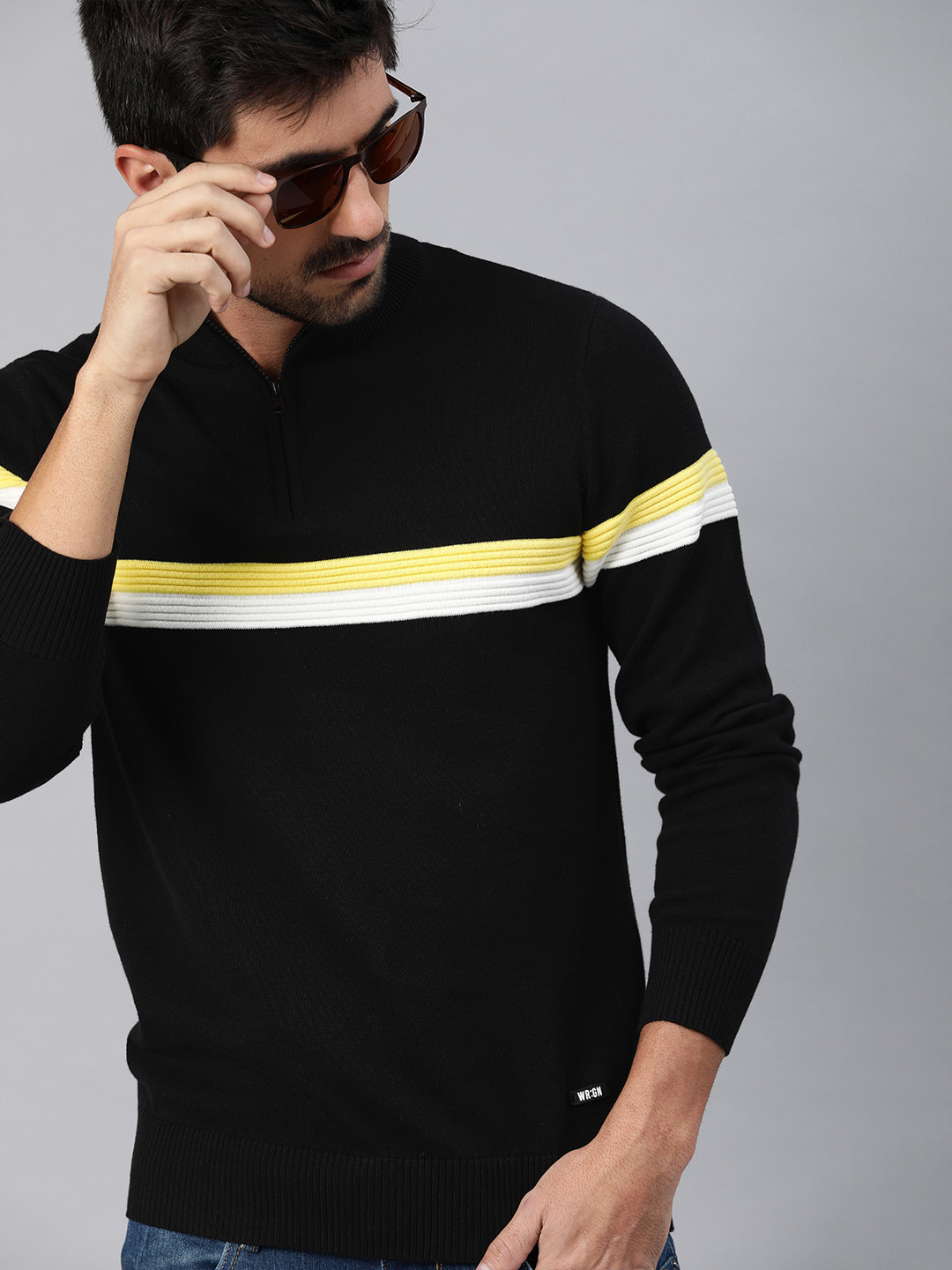 WROGN Men Black & Yellow Slim Fit Striped Pullover Sweater