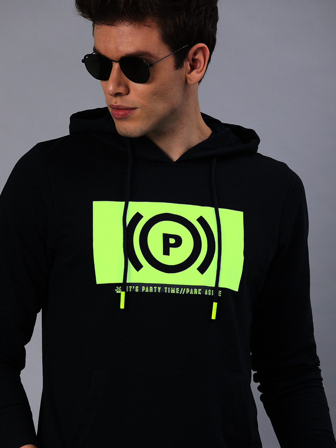 WROGN Men Navy Blue Printed Hooded Pullover Glow in the Dark Sweatshirt