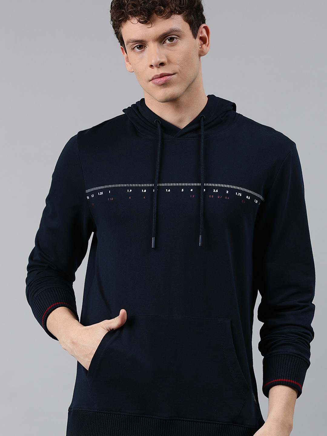 WROGN Men Navy Blue Printed Hooded Sweatshirt