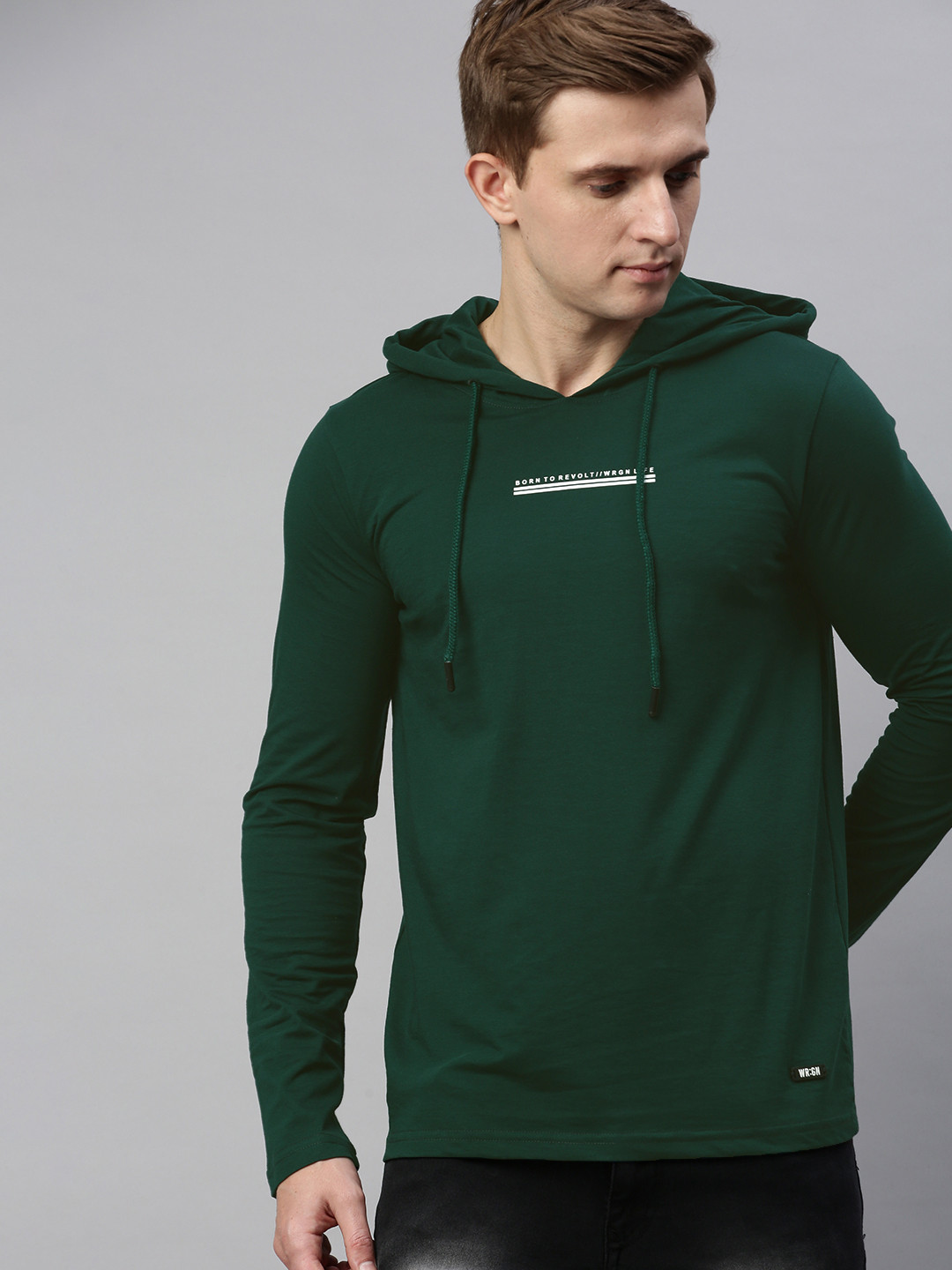 WROGN Men Green Slim Fit Solid Hood T-shirt