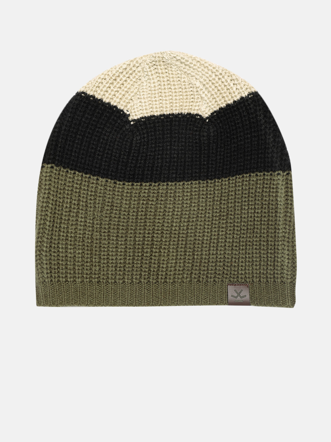 WROGN Unisex Olive Green & Black Colourblocked Acrylic Beanie