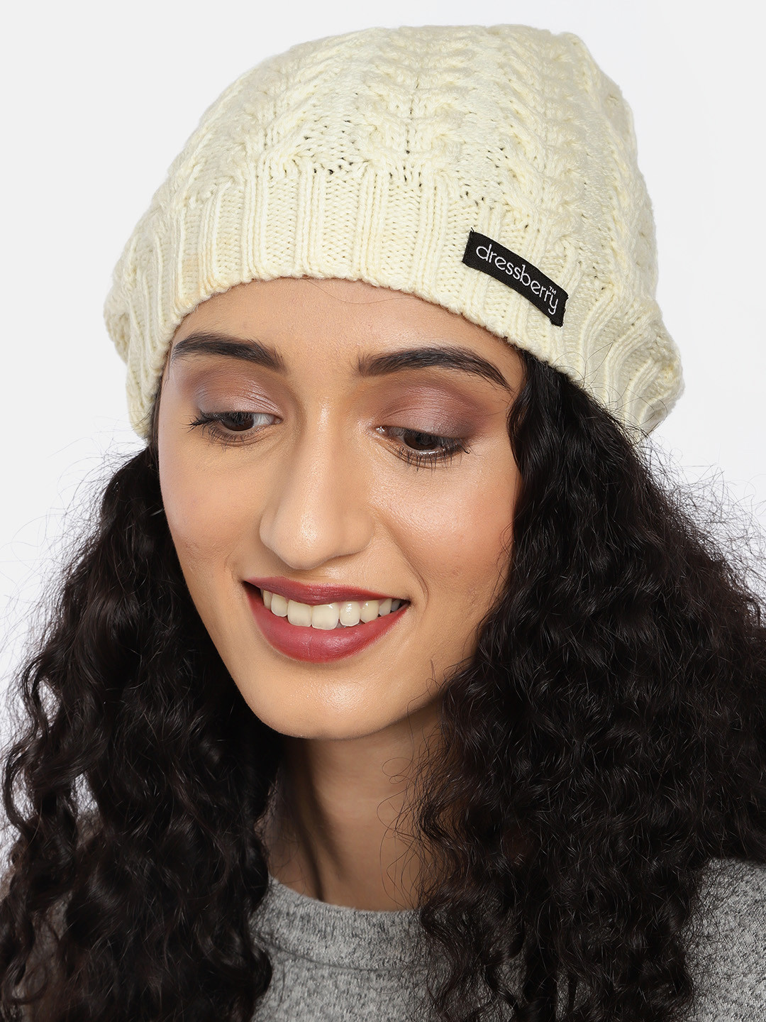 DressBerry Women Off-White Self Design Beanie