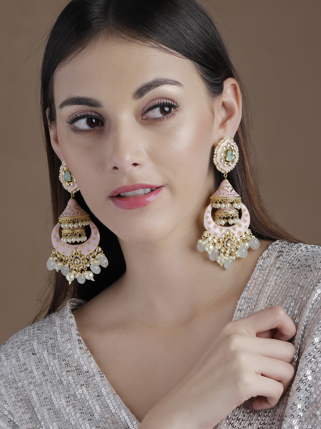 rubans LUXURY 22Kt Gold Plated White Enamel Chandbali Earrings