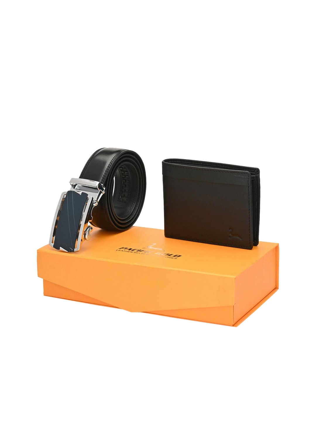 Pacific Gold Men Black Genuine Leather Autolock Belt & Wallet Accessory Gift Set