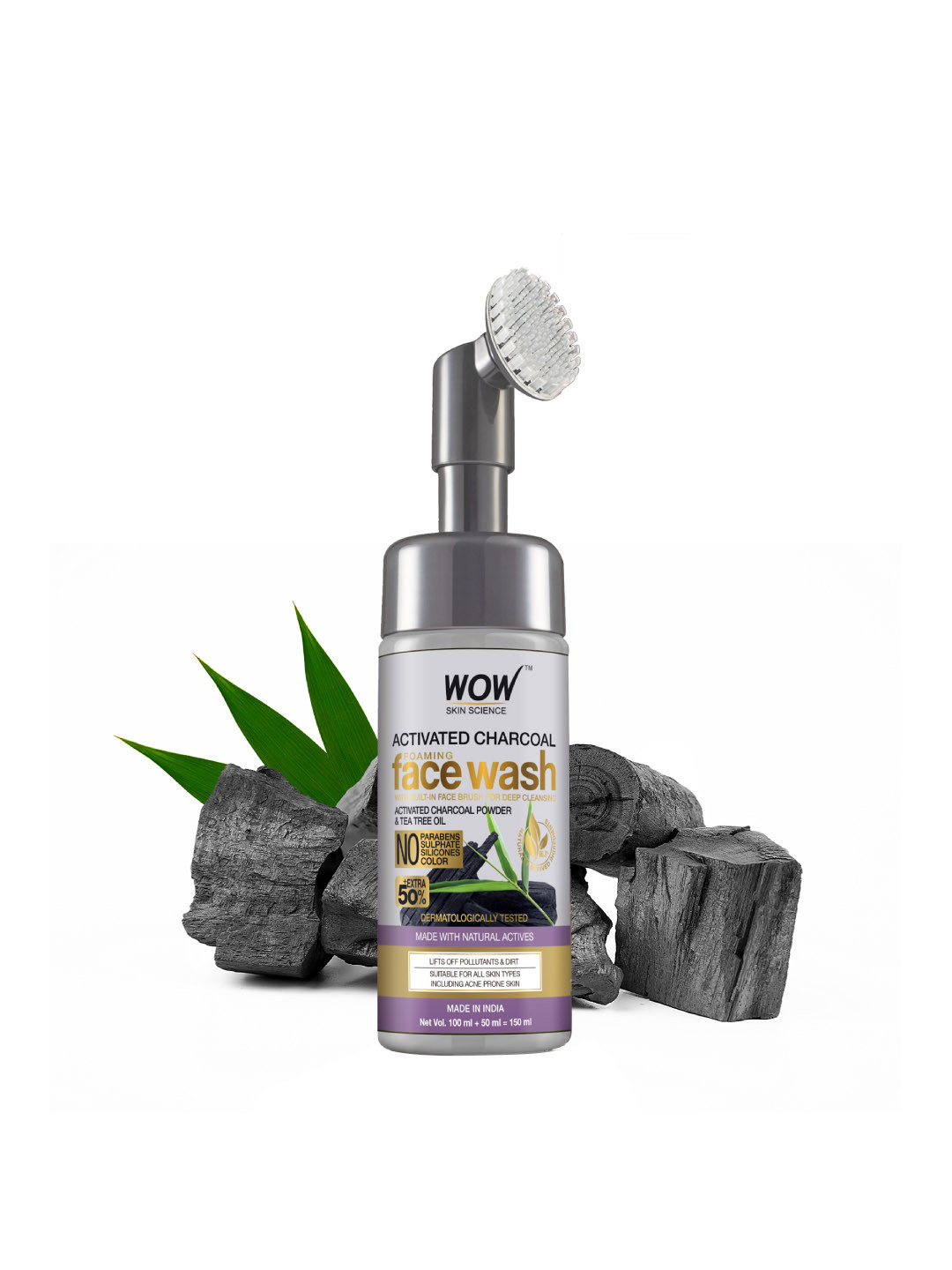 WOW SKIN SCIENCE Activated Charcoal Foaming Face Wash with Built-In Face Brush - 150 ml