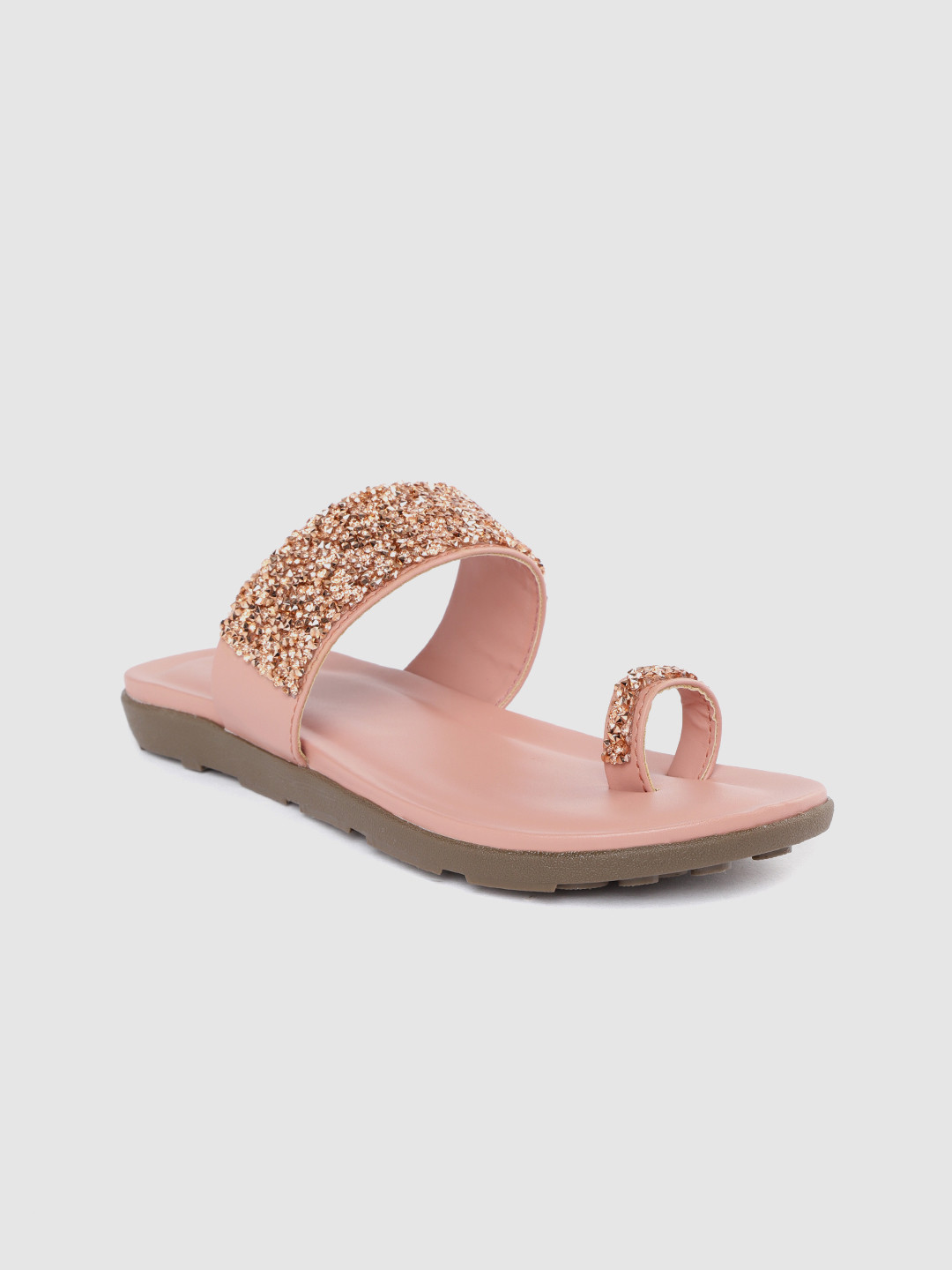 Funku Fashion Women Peach-Coloured & Rose Gold-Toned Embellished One Toe Flats