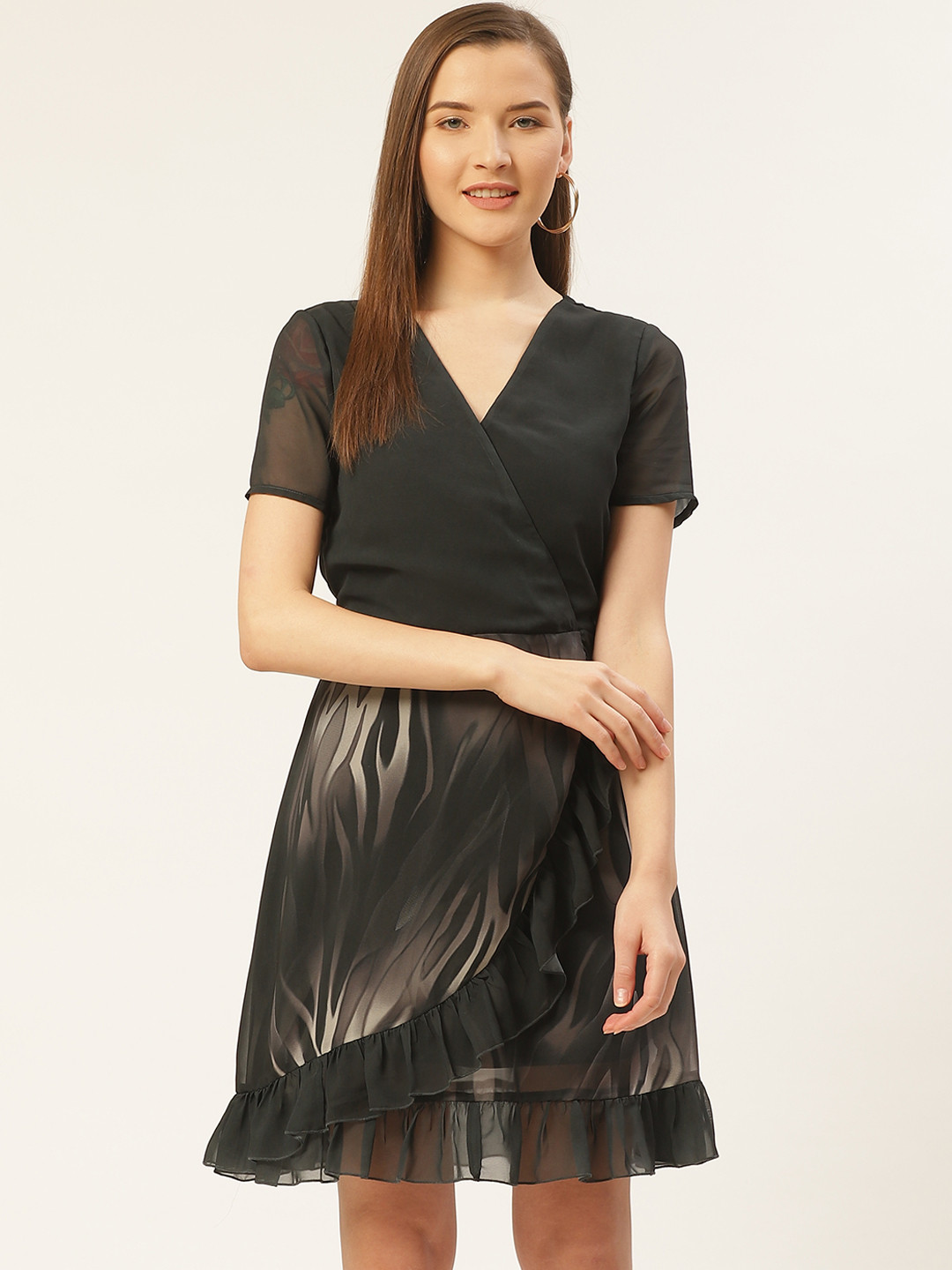 DODO & MOA Women Black & Grey Printed Wrap Dress