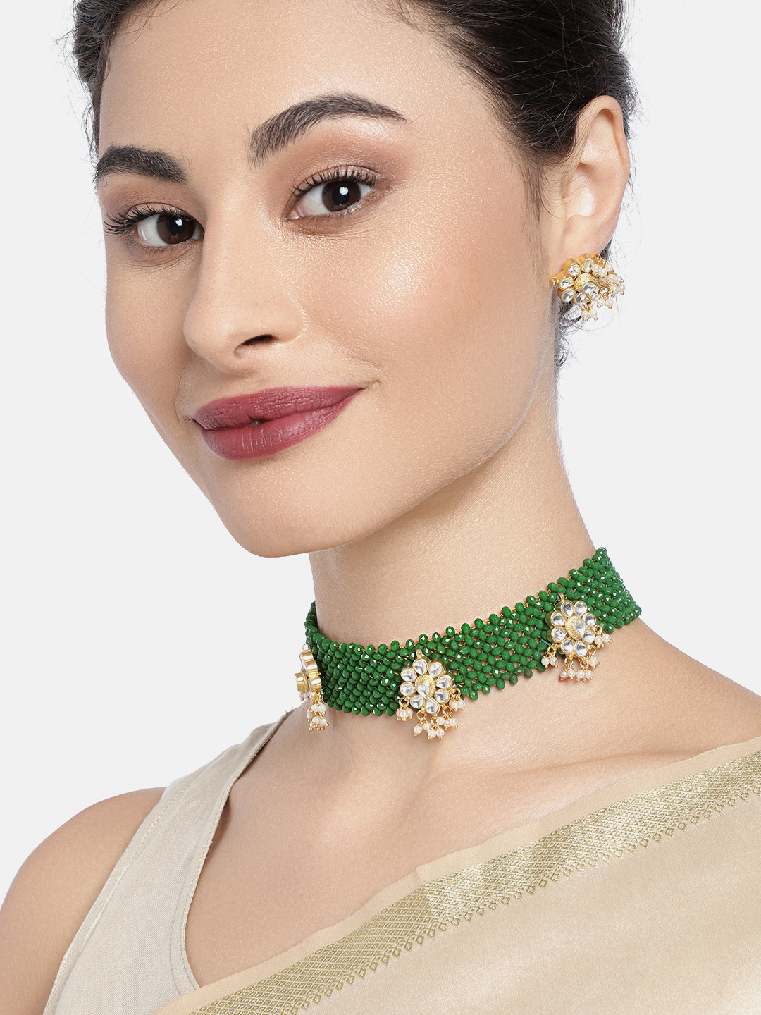 AccessHer Women Green & Gold-Plated Faux Emerald Studded Choker Jewellery Set