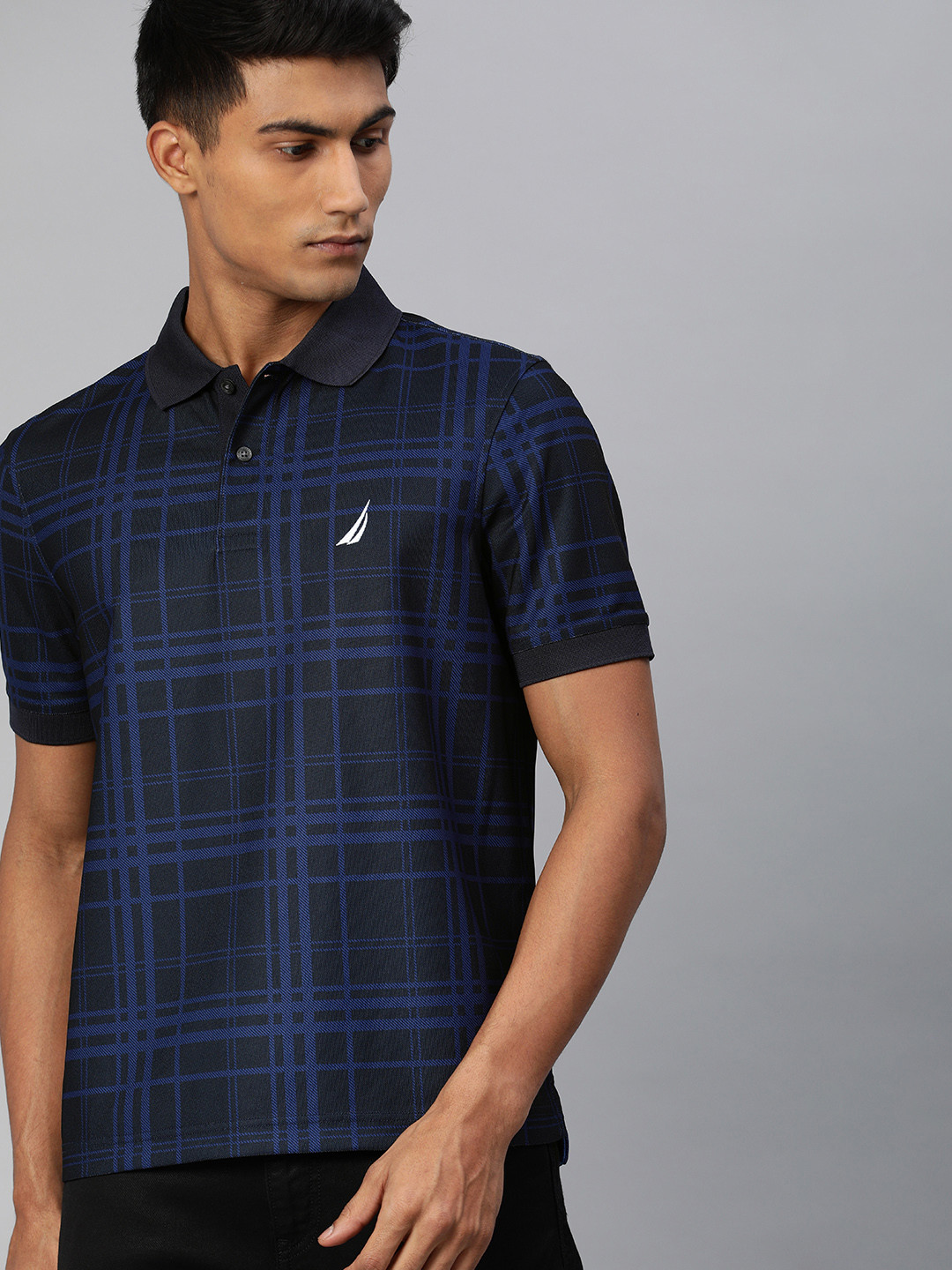 Nautica Men Blue & Black Checked Polo Collar T-shirt