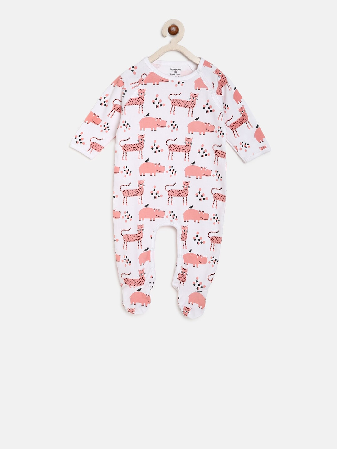 berrytree Infants White & Peach Pink Panther Print Organic Cotton Sustainable Sleepsuit
